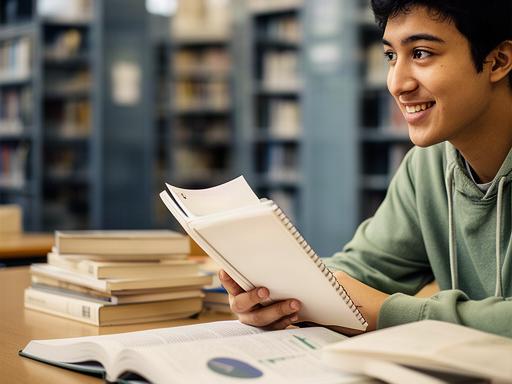 Students ar piezīmju bloku un finanšu grāmatu universitātes bibliotēkā