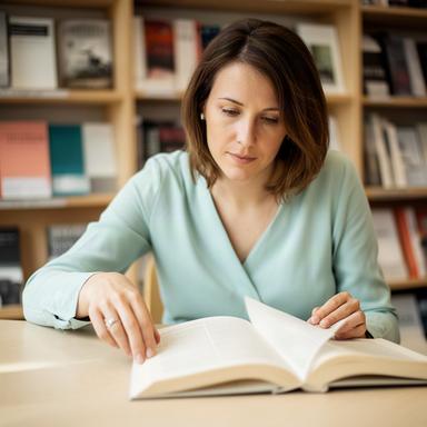 Literatūras kuratore šķirsta investīciju grāmatu pie koka galda